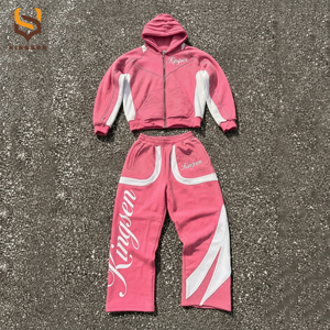 Custom Zip Sweatsuit Acid Wash Applique Patch Embroidery Distressed Hoodie Jogging Tracksuit <b>Sweatpants</b> <b>Set</b> - Product Image 1
