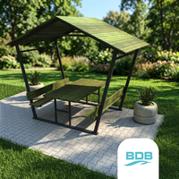 Banc de jardin en bois massif et métal, grand, moderne, durable, avec toit, table de pique-nique en pin, avec parasol, mobilier d'extérieur