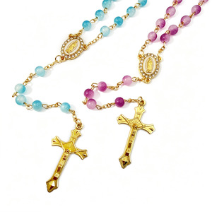 Collier de prière en perles de cristal de verre de 6 mm avec crucifix et médaille miraculeuse pour bijoux religieux catholiques - Product Image 5