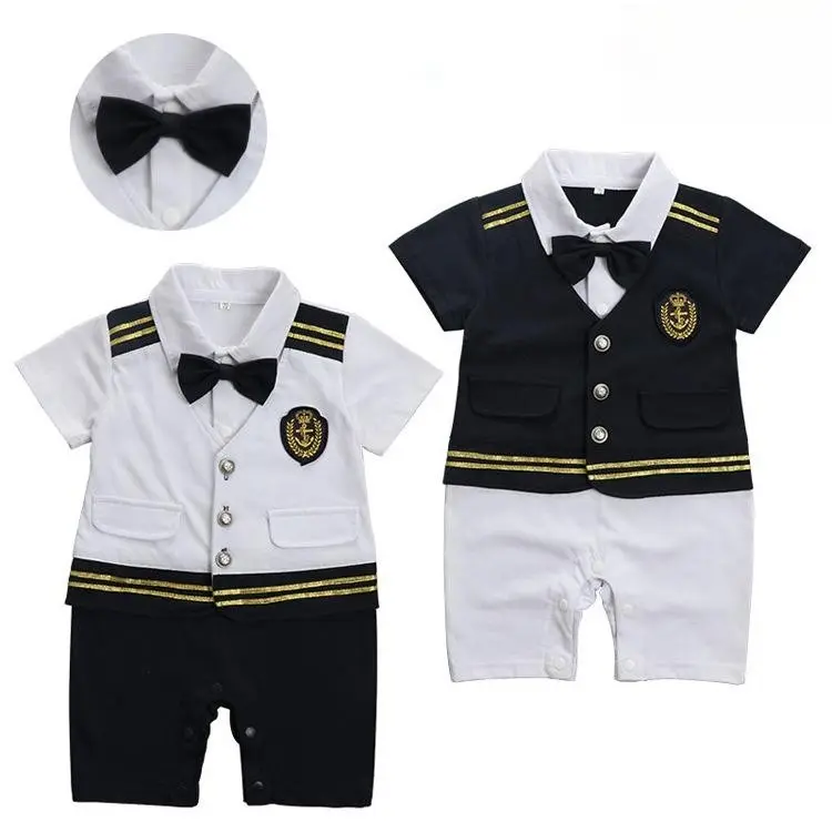 Nieuwe Stijl Baby Kleding Set Korte Mouw Zomer Pasgeboren Rompertjes Gentleman Stijl 3 Stuk Navy Captain Pilot Formeel Pak Voor Jongens