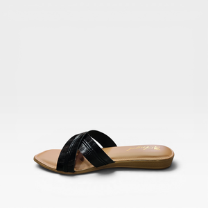 Sandales plates noires à brides croisées pour femmes, à bout ouvert, à enfiler, décontractées, confortables, pour l'été et le quotidien - Product Image 2