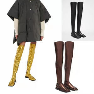 2023 nouvelle mode côté fermeture éclair passerelle doré bout carré <span class=keywords><strong>talon</strong></span> plat sur le genou bottes pour femmes - Product Image 2