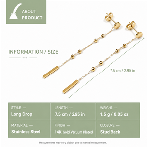 Pendientes de Barra Larga de Acero Inoxidable con Cadena, Chapados al Vacío en Oro de 14K, Diseño Delicado con Cuentas Colgantes, Color Oro y Plata - Product Image 3