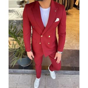 Темно-красные мужские костюмы двубортные повседневные смокини для жениха на свадьбу, на выпускной, обтягивающие, 2 шт. (пиджак + брюки), деловые костюмы - Product Image 2