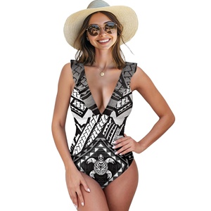 Traje de Baño de una Pieza con Estampado Tribal Hawaiano Maorí, Cuello en V con Volantes, Estampado Geométrico de Tortuga en Blanco y Negro para Mujer - Product Image 1