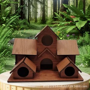 Nichoir rustique en bois massif style villa à fixer sur arbre, décoration de jardin, petite taille pour oiseaux - Product Image 4