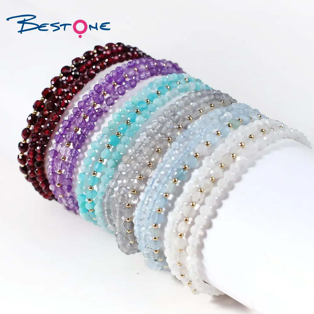 Bestone Dainty Micro-faceted 3mm Semi-precious Gemstone Beaded Bracelet Natural Cut Stone Bead Bracelet