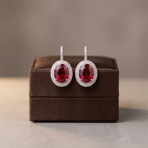 Boucles d'oreilles pendantes ovales rouge rubis, pierre de naissance de juillet, serties de griffes, en argent sterling, pour mariage et fête - Product Image 1