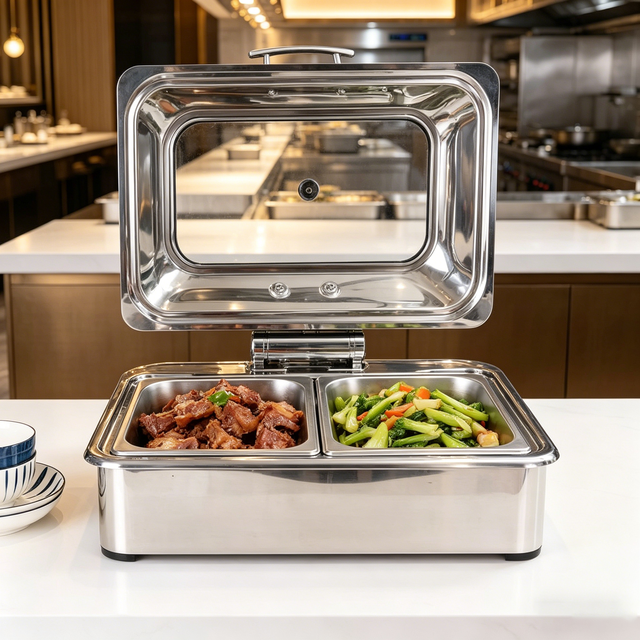 FLEY 9L Commercial Stainless Steel Buffet Food Warmer Rectangular Chafing Dish with Lid for Self-Service Dining Food Heating