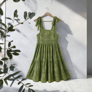Robe mini sans manches à volants brodée de fleurs vertes, col carré, dos nu, pour les fêtes d'été et les tenues décontractées - Product Image 3
