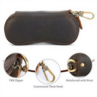 Étui à lunettes en cuir véritable Crazy Horse, pochette à fermeture éclair avec mousqueton, boîte de rangement portable en cuir véritable pour lunettes de soleil