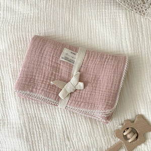 新スタイル 100%クレープコットン 2重ガーゼ 超ソフト 通気性 無地 ベビーモスリン おくるみ レースブランケット スワドル - Product Image 5