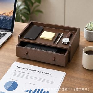 Solid Wood Desktop <b>Storage</b> <b>Box</b> With <b>Drawers</b> Brown Rectangle Office Organizer For Desk Accessories Shandong Made - Product Image 2