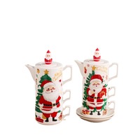 Service à thé de Noël en porcelaine plaqué or, un théière et deux tasses, idéal pour un cadeau de Noël