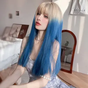 Wholesale 60cm Long Straight Gold Blue Dyed Lolita Wig Synthetic Anime Halloween Party Heat Resistant Cosplay Wigs For Girl