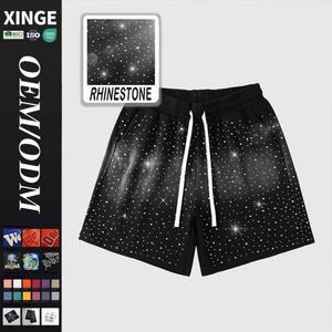 Shorts de course streetwear de haute qualité délavés à l'acide, personnalisés, décontractés pour hommes, avec cordon de serrage à la taille et imprimé strass, pour le basketball - Product Image 1