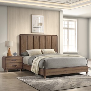 Contemporary Two <b>Drawer</b> Nightstand Wooden <b>Storage</b> Brown Finish Modern Bedroom Furniture - Product Image 5