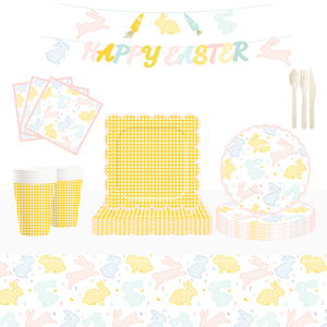 DAMAI Easter Party Theme Decor Bulk Wholesale Set Yellow Check Easter Rabbit Paper Plates <b>Tablecloth</b> Party <b>Disposable</b> Tableware - Product Image 1