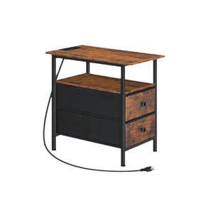 American Style Side Table With Double Drawers 48x30x60cm Storage <b>Shelf</b> For Living Room <b>Bedroom</b> USB Socket Coffee Brown - Product Image 5