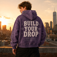 Sweat à capuche violet personnalisé 450 GSM, délavé à l'acide, avec strass, patch chenille vieilli et broderie appliquée, vente en gros d'usine
