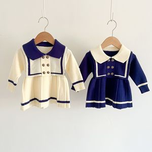 Autunno inverno neonato maglione pieghettato vestito lavorato a maglia bambino contrasto colore manica lunga colletto marinaio abito bambine abiti - Product Image 6