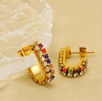 Boucles d'oreilles créoles double rangée en zircon, en acier inoxydable 304 plaqué or 18 carats sous vide, créoles en U multicolores transparentes, bijoux de fête pour femme