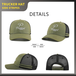 Custom Embroidered Logo 6 Panel Men Trucker Hats Personalised <strong>Army</strong> Green Mesh Trucker <strong>Cap</strong> With 2 Side Stripe - Product Image 3