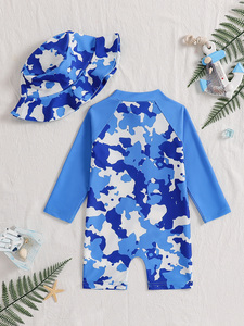 <span class=keywords><strong>Maillot</strong></span> <span class=keywords><strong>de</strong></span> <span class=keywords><strong>bain</strong></span> une pièce à manches longues pour bébé garçon, imprimé camouflage bleu et blanc, en spandex/polyester, avec fermeture éclair, bonnet <span class=keywords><strong>de</strong></span> <span class=keywords><strong>bain</strong></span>, deux pièces, pour la plage - Product Image 2