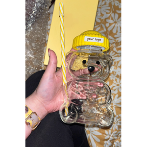 अनुकूलित कॉफी ब्रांड लोगो पीले टेडी भालू के आकार ग्लास कप के साथ पुआल पुनः प्रयोज्य ठंडे पेय कप कॉफी मग - Product Image 3