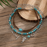 3 Pcs/Set Vintage Turquoise CCB Perles Ox Head Pendentif Collier pour Femmes Trendy Ladies Stacked Choker Fashion Jewelry Accessories