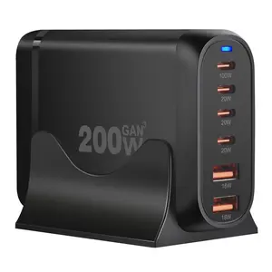 Gan 200w Charger 4 PD Ports Usb C 2 Usb-a Qc3.0 100W Charging Station For Ipad Smartphone Fast Charging Laptops