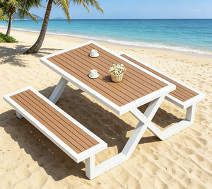 Table <span class=keywords><strong>de</strong></span> pique-nique rectangulaire blanche en <span class=keywords><strong>plastique</strong></span> et bois, robuste, pour l'extérieur, ensemble <span class=keywords><strong>de</strong></span> repas emboîtable pour <span class=keywords><strong>jardin</strong></span>, complexe hôtelier, cour arrière - Product Image 2