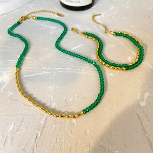 Fashion Jewelry 2024 18K Gold Plated Oval Bead Choker Double Layer Green Bead Chain Bracelet Necklace joyas de acero inoxidable