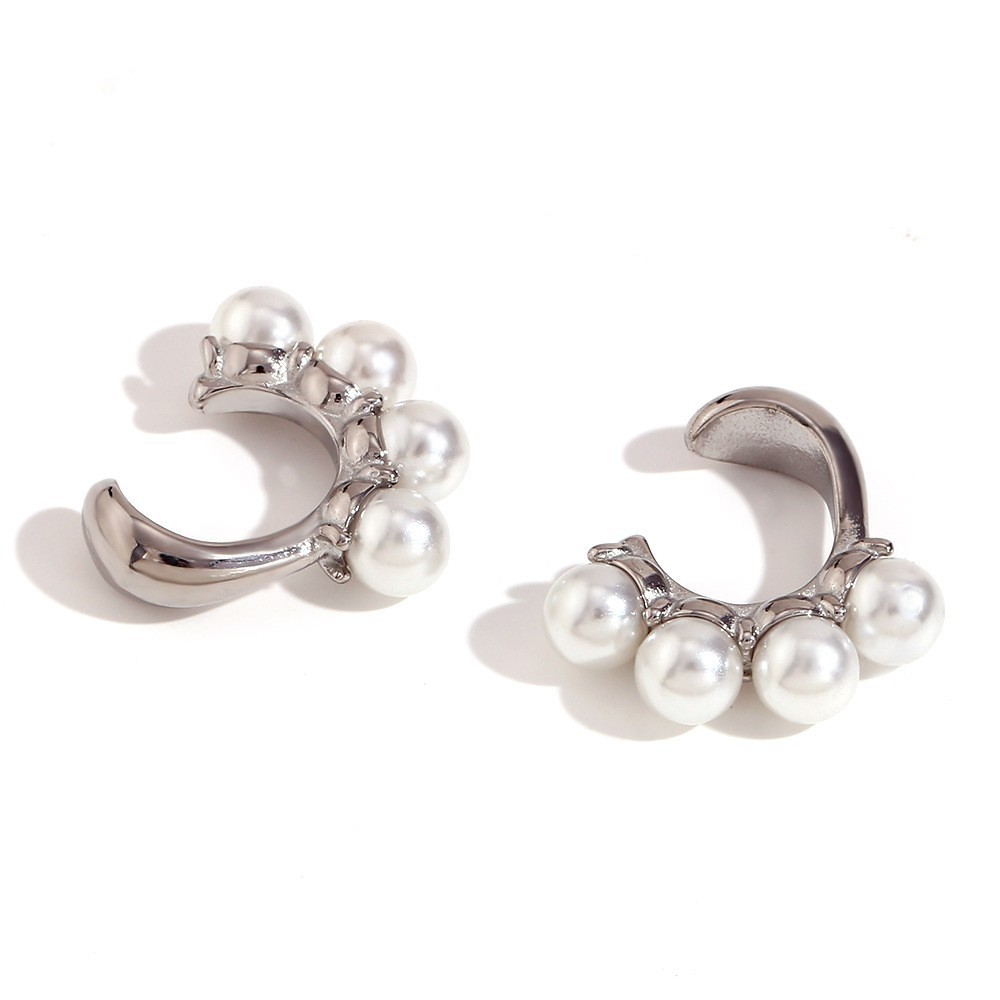 Clips d'oreilles en forme de J quatre perles-couleur acier
