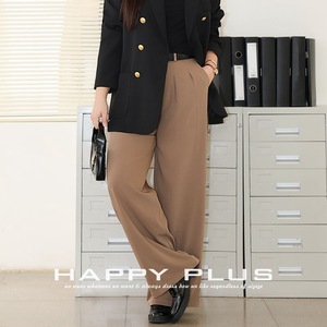 Pantalon de costume plissé taille haute à jambes larges Happy Plus N9117 pour femme, grande taille, en crêpe noir kaki, avec ceinture élastique - Product Image 1