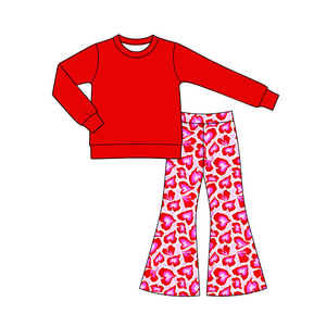 Conjunto popular de dos piezas para niña pequeña de San Valentín, top liso de manga larga y pantalones acampanados con corazones - Product Image 6