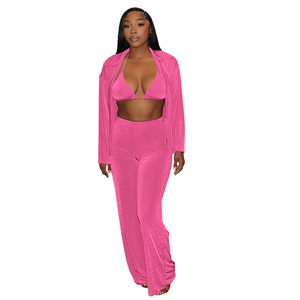 2023 américain Boutique en gros trois pièces femmes ensembles Sexy Bikinis automne Cardigan <span class=keywords><strong>velours</strong></span> jambe large <span class=keywords><strong>pantalon</strong></span> taille élastique hiver - Product Image 6