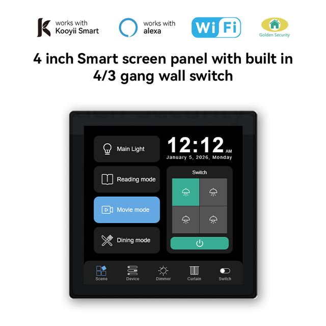 2026 Kooyii APP Smart Wireless Home Switch Panel 3/4 Gang Touch Screen Smart Home Control Alexa Garage Bar PC