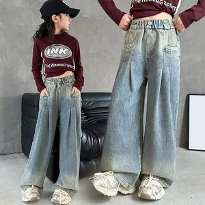 Новые весенне-осенние джинсовые брюки в Корейском стиле для подростков, широкие брюки, повседневные джинсы для девочек
