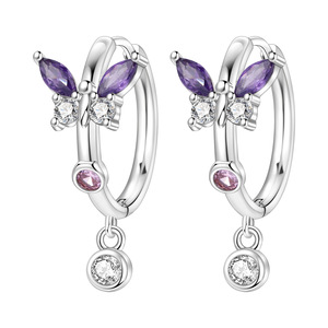 Silver Plated Butterfly Hoop <b>Earrings</b> With Zircon Stones For Women <b>Cute</b> Fashion Dangle Jewelry - Product Image 1