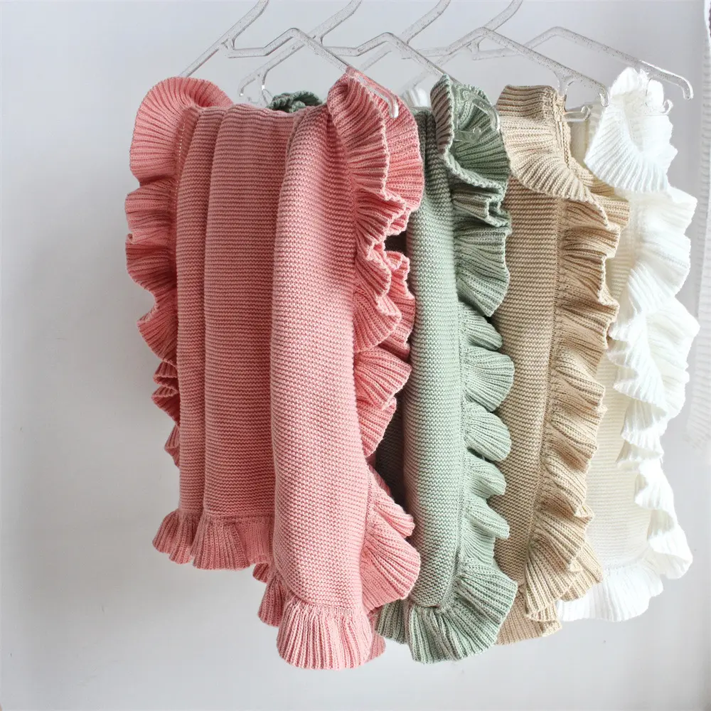 Bebek fırfır kenar yün battaniye düz renk bebek pamuk örme kılıf battaniye çocuk yatak tutan battaniye fotoğraf Prop