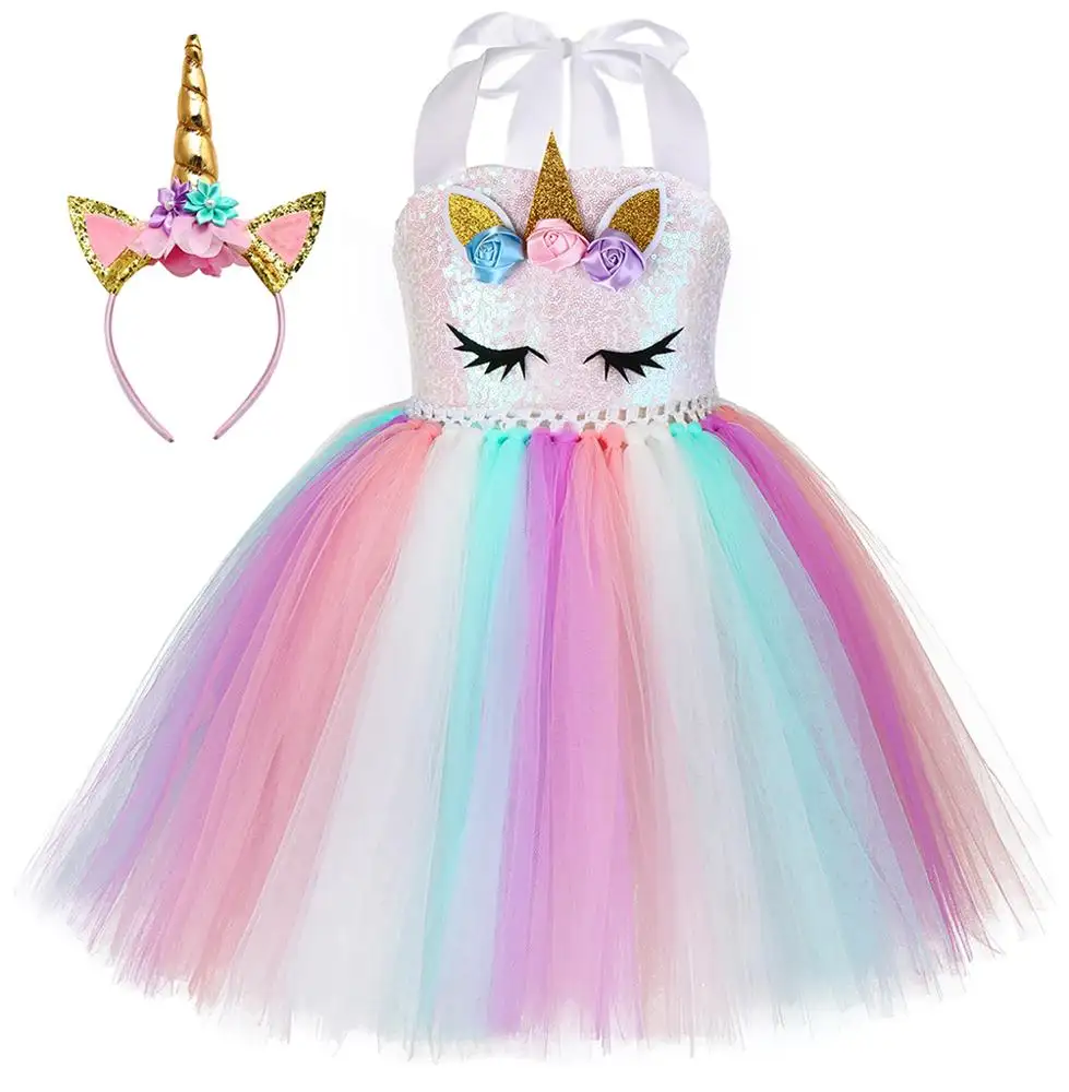 VicJasmine Beautiful Princess Children Clothing Wear Birthday Party Unicorn Horn Sequin Tutu Girl Dress For 2-12 Years