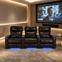 Sofá Reclinable Eléctrico de Cuero Genuino con Luz Ambiental LED, Mesa Auxiliar Extensible, Asientos para Cine en Casa para Sótano