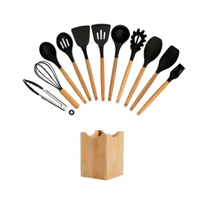 Utensilios de cocina coloridos directos del fabricante, 12 piezas, utensilios de cocina de silicona, juego de utensilios con mango de madera