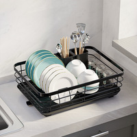 Support de rangement multifonctionnel en métal pour bols et assiettes, design moderne, à un seul niveau, noir, avec égouttoir et rangement pour baguettes