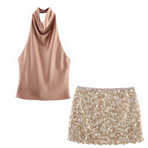 GX1435 Mode Zomer Sexy Kleding Boetiek Streetwear Dames Halter Satijnen Tops en Pailletten Minirok 2-delig Set - Product Image 3