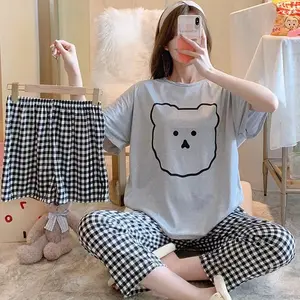 2023 Pijama Vrouw Nachtjapon Voor Vrouwen Kleding Print 3 Stuks Meisjes Zomer Korte Mouwen Loungewear Vrouwen Sets