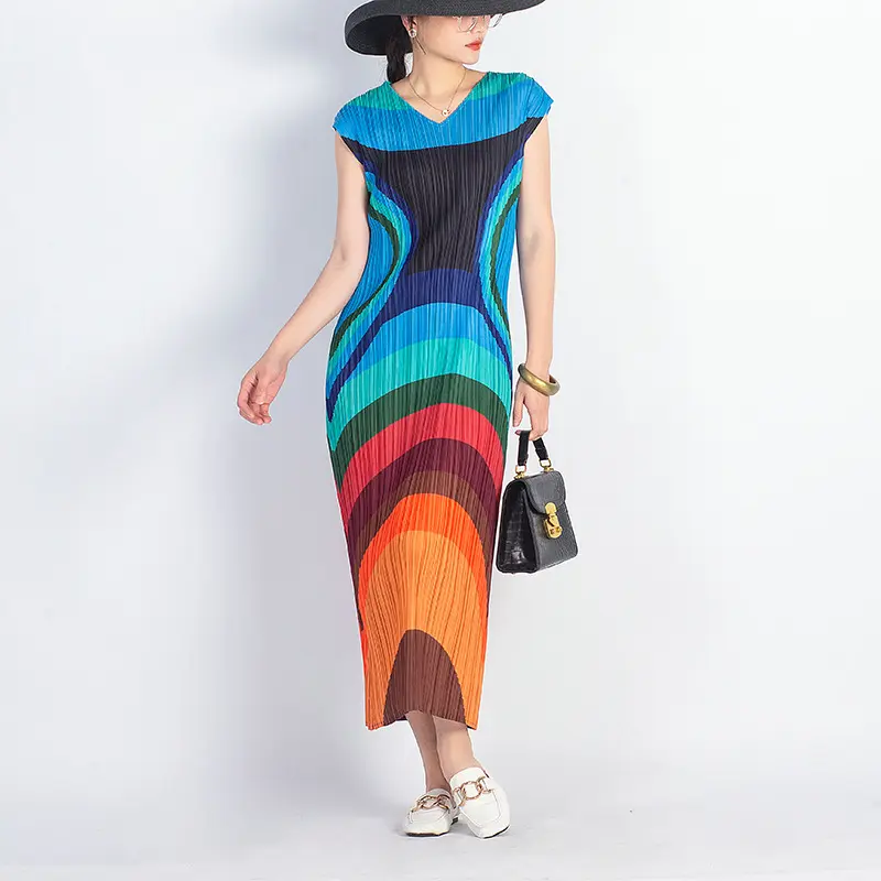 NOBLE New Miyake Summer Short Sleeve Loose Waist Female Clothing Spring French Fashion Women's Pleats Print Hipster Dress