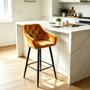 Tabouret <span class=keywords><strong>de</strong></span> <span class=keywords><strong>bar</strong></span> en velours capitonné nordique avec pieds en métal <span class=keywords><strong>noir</strong></span> pour cuisine, <span class=keywords><strong>bar</strong></span> à domicile, hôtel - Product Image 3