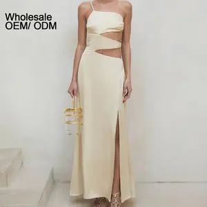 Doger Gaun Tanpa Lengan Halter Sutra Gaun Maxi Satin Pesta Wanita Seksi Selip Maksi Panjang Potongan Vestidos Wanita